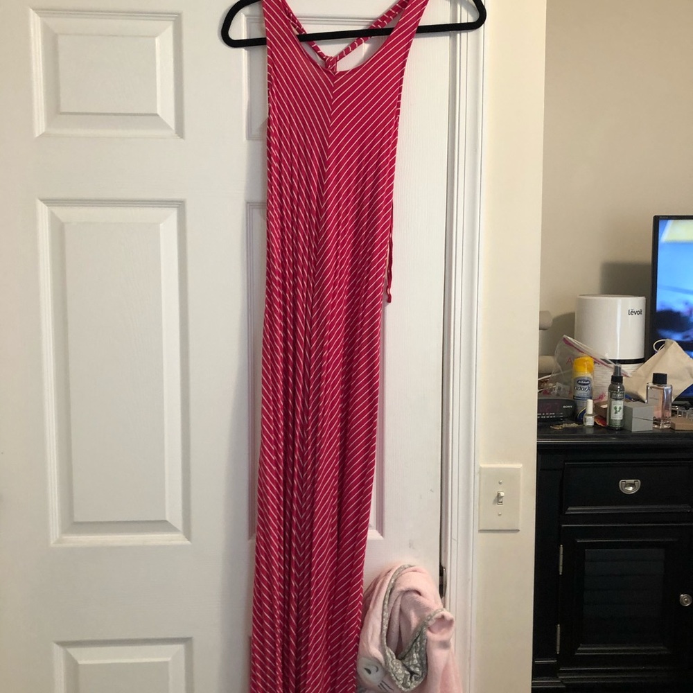 Pink and white maxi dress.